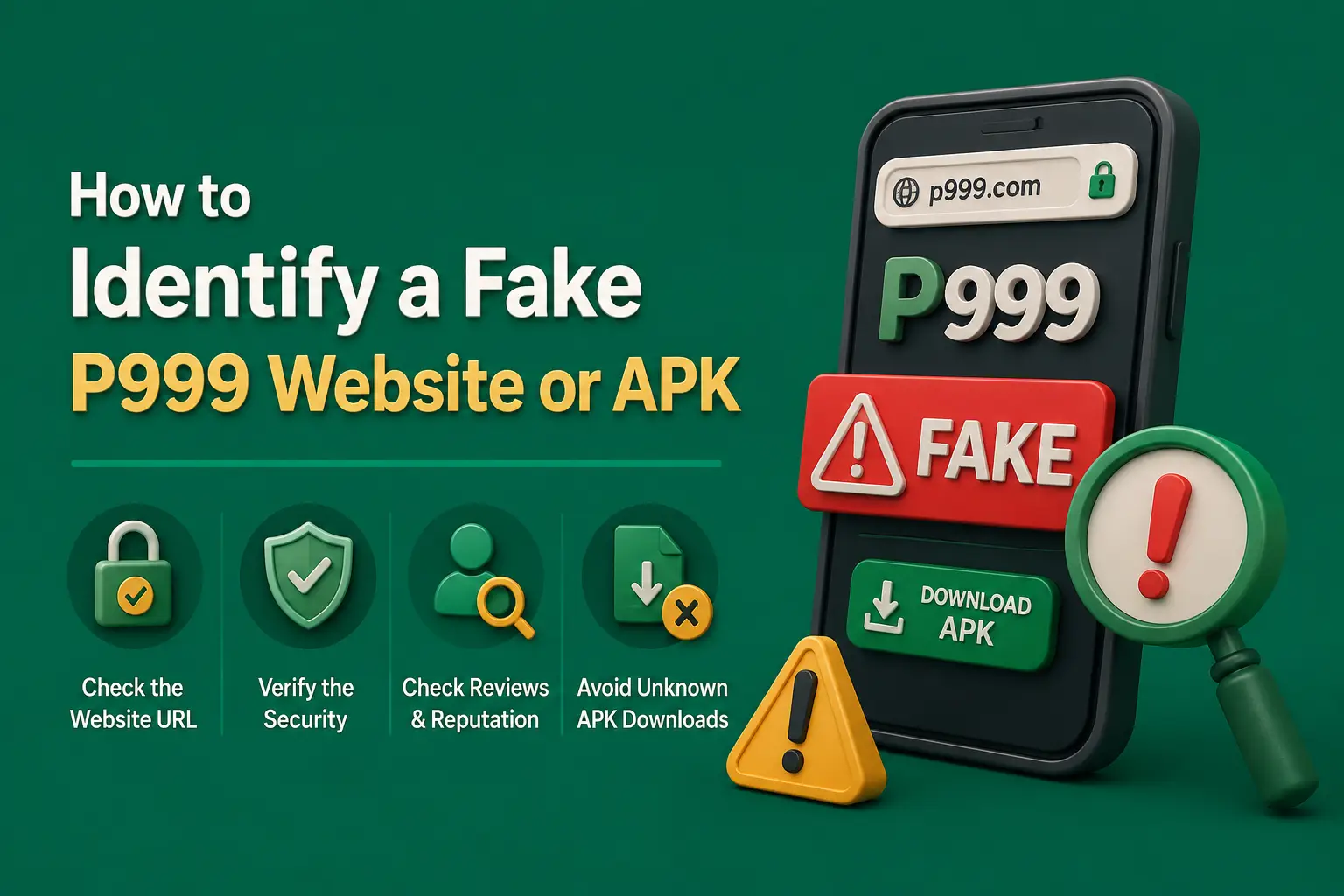 Spotting a fake site A phone showing a download page flagged FAKE, beside checks for the URL, security, reviews and unknown downloads