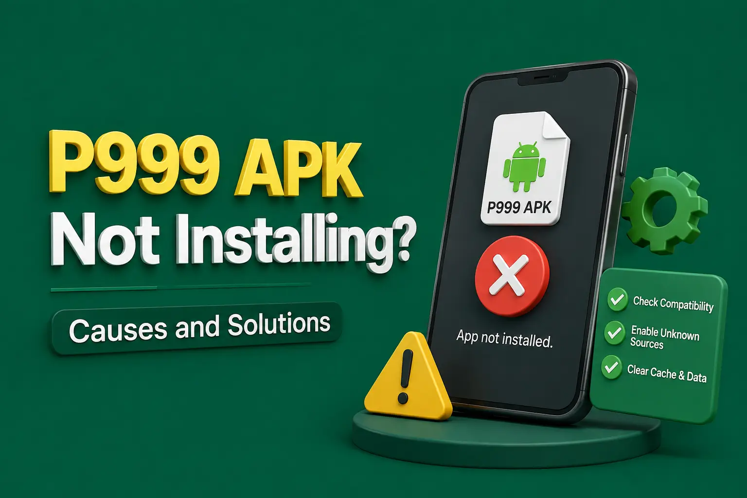 APK not installing A phone showing an app-not-installed error beside fixes for compatibility, unknown sources and clearing the cache
