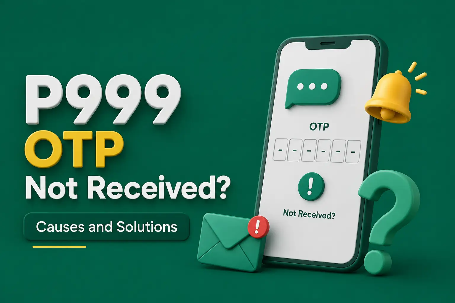 OTP not received A phone showing an empty one-time-code field beside a notification bell, an envelope and a question mark