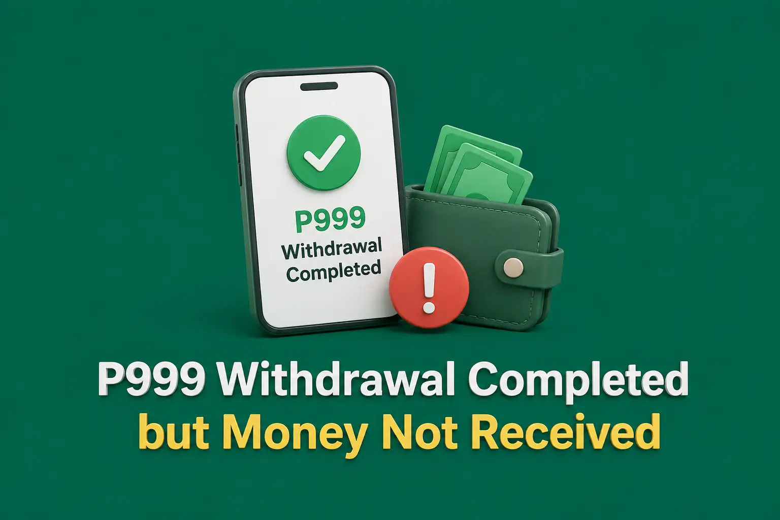 Withdrawal not received A phone confirming a completed withdrawal beside a wallet of banknotes and a red alert badge