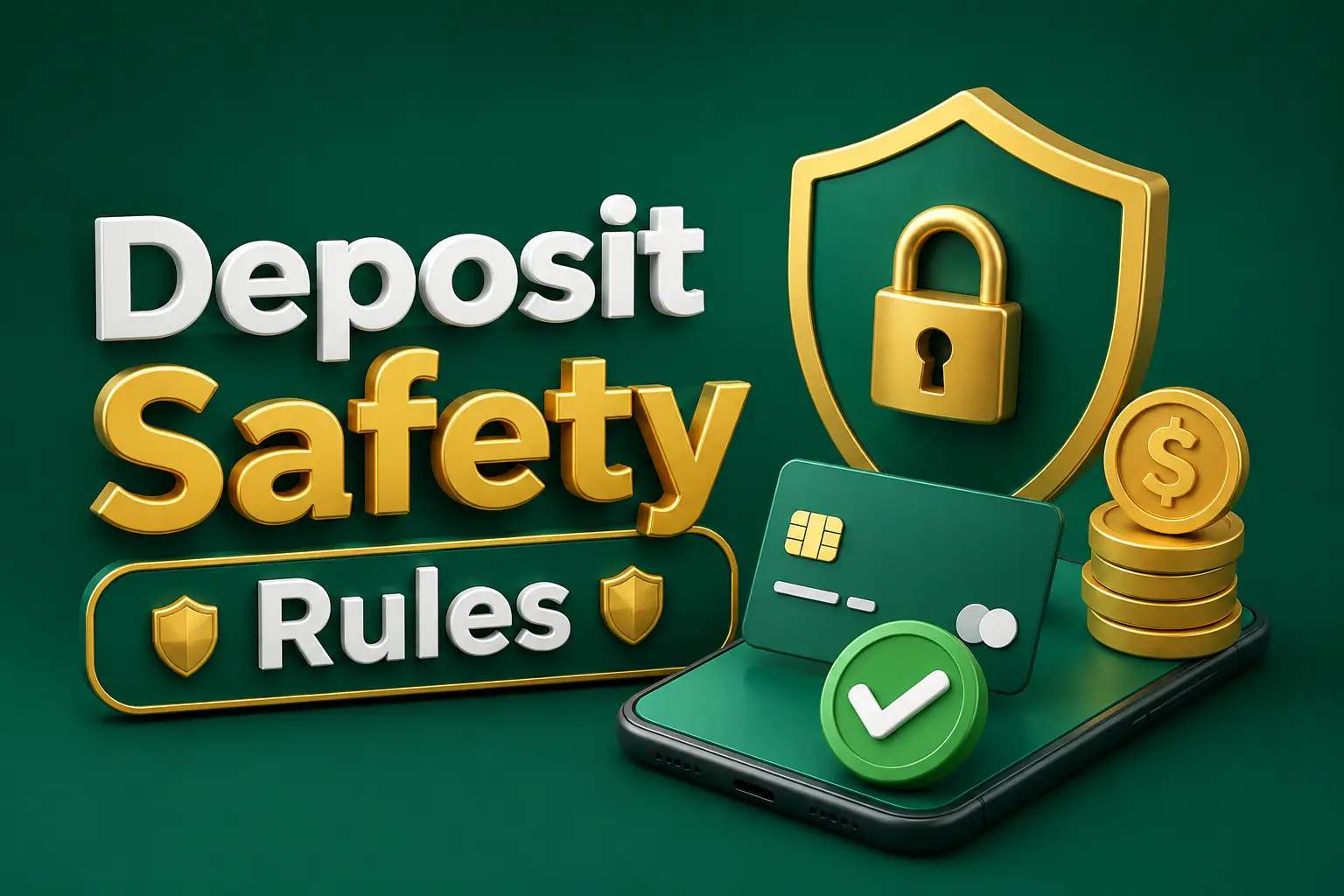 A padlocked shield above a bank card marked with a green check, beside a stack of gold coins