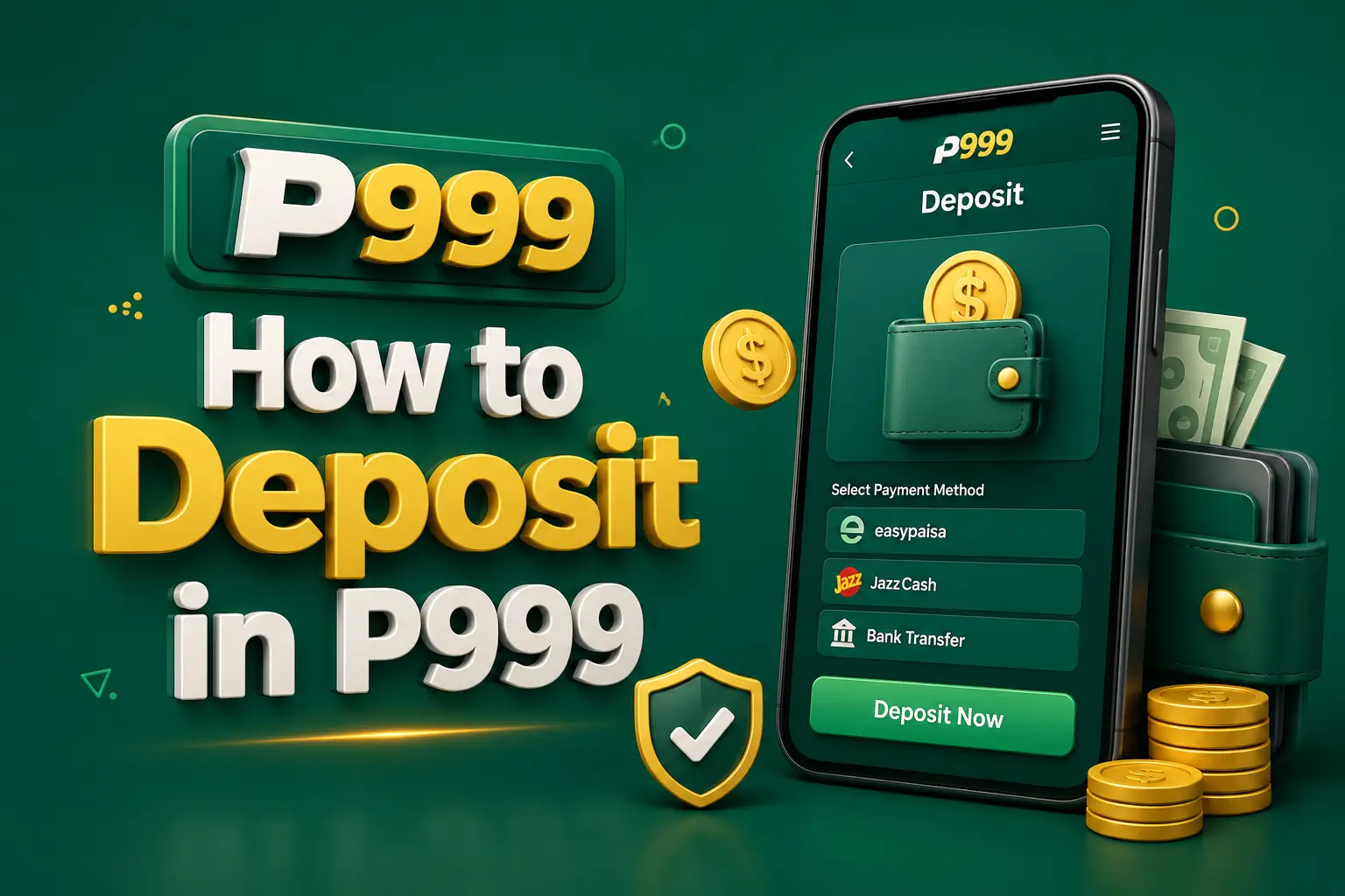 A phone showing the deposit screen with a payment method selected and a deposit button, beside a wallet and banknotes