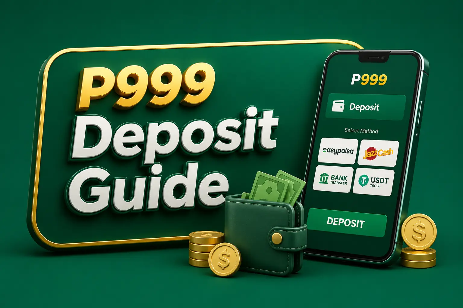A phone showing deposit methods including Easypaisa, JazzCash, bank transfer and USDT, beside a wallet and coins