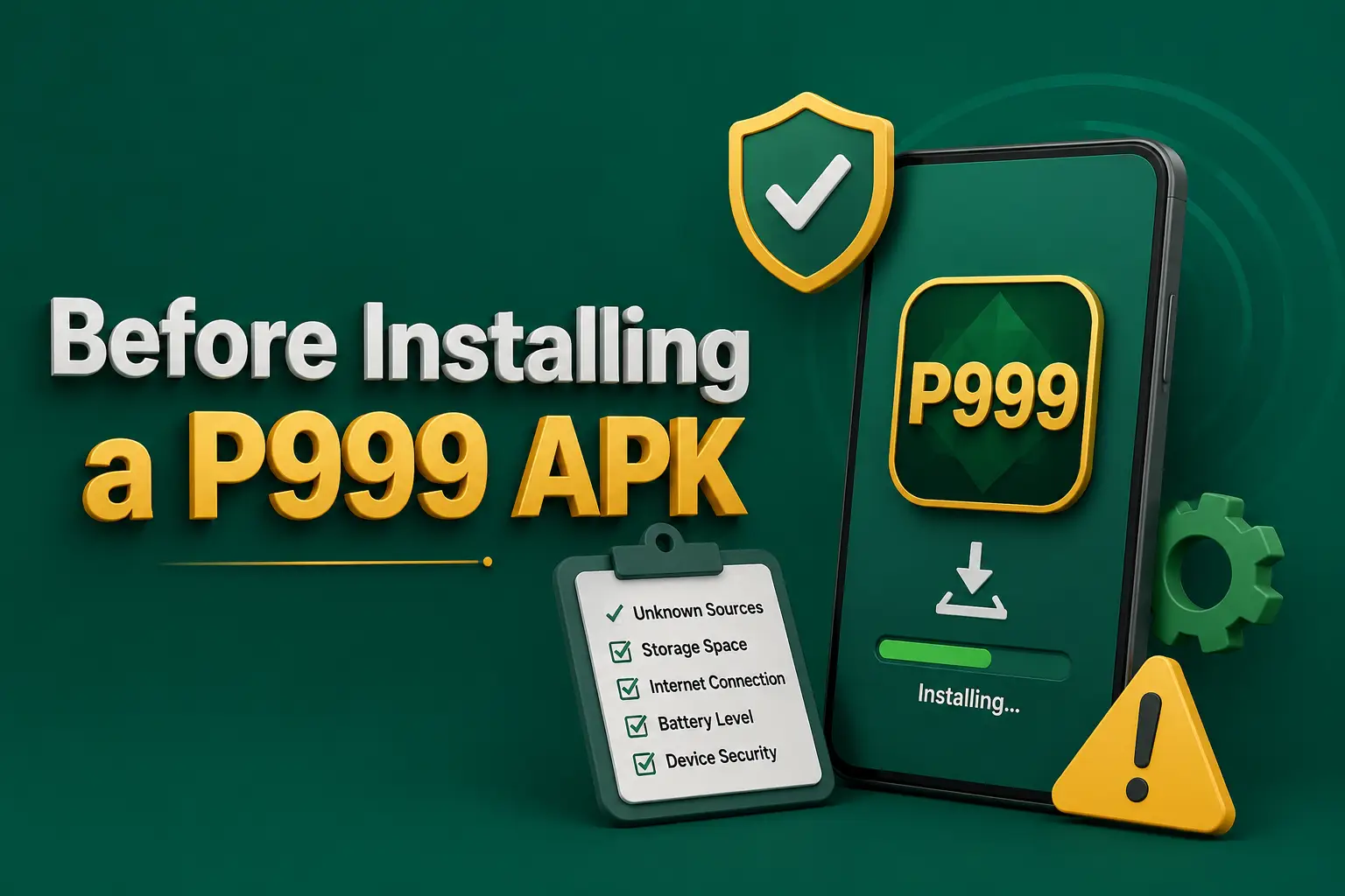APK install checks A phone part-way through installing the P999 app beside a pre-install checklist and a warning triangle