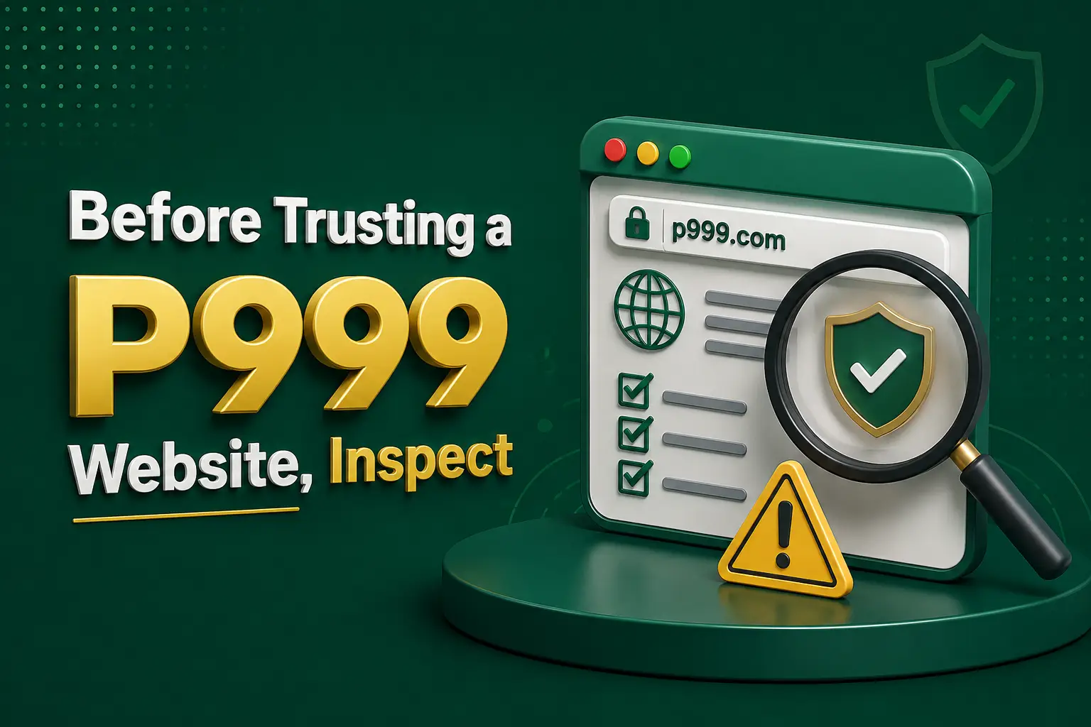 Website checks A browser window with a padlocked address bar under a magnifier, beside a checklist and a warning triangle