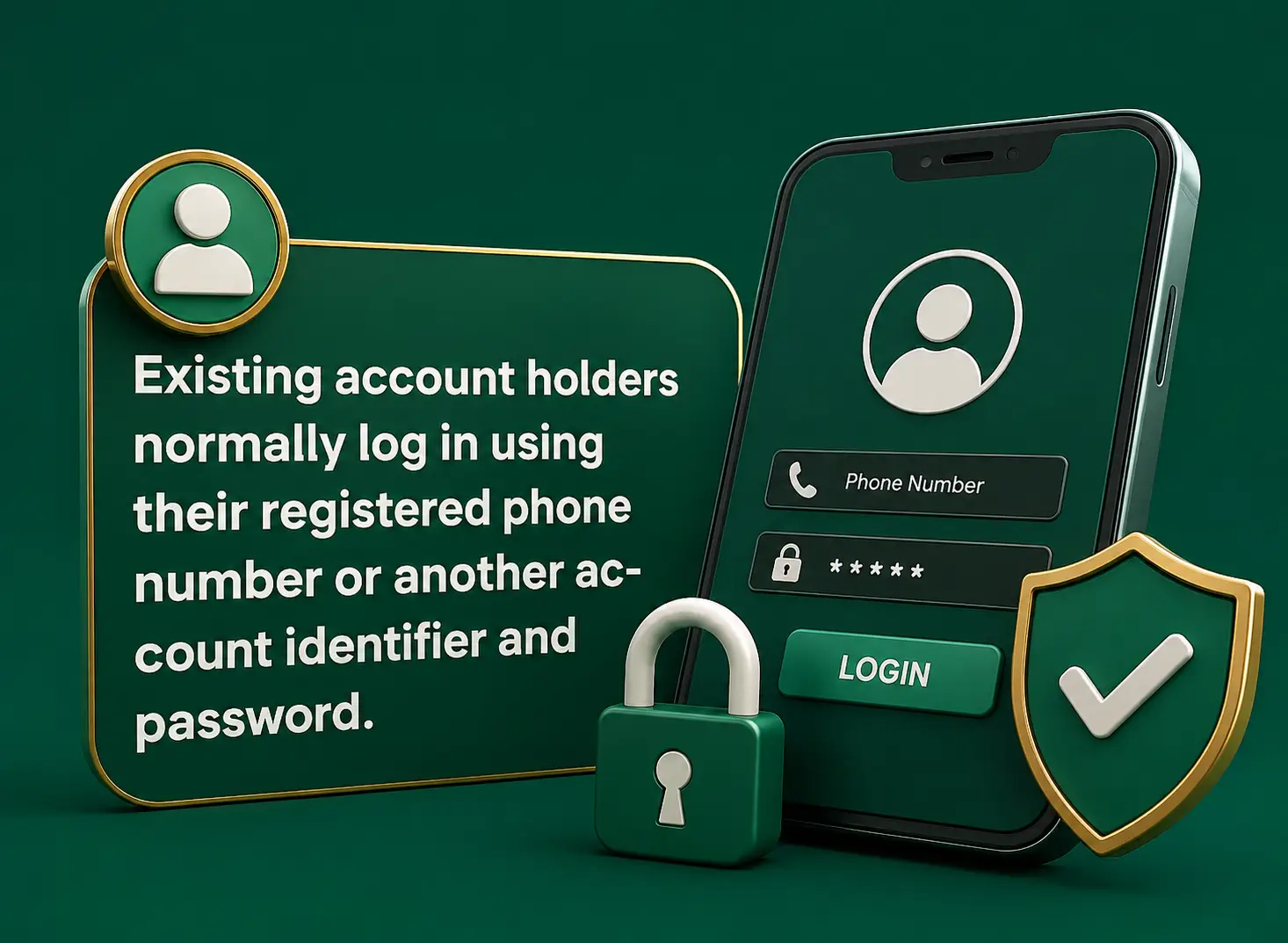 Existing account holders A P999 login screen asking for a phone number and password, beside a padlock and a verified shield