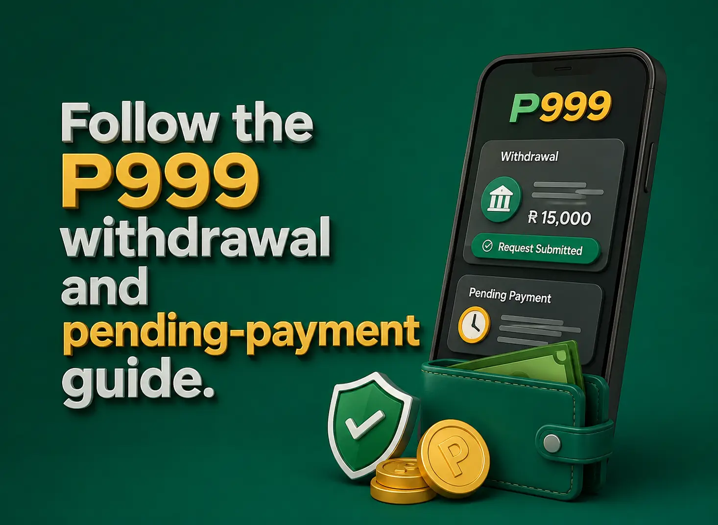 Withdrawals and pending payments A phone showing a submitted withdrawal request and a pending payment, beside a wallet and gold coins