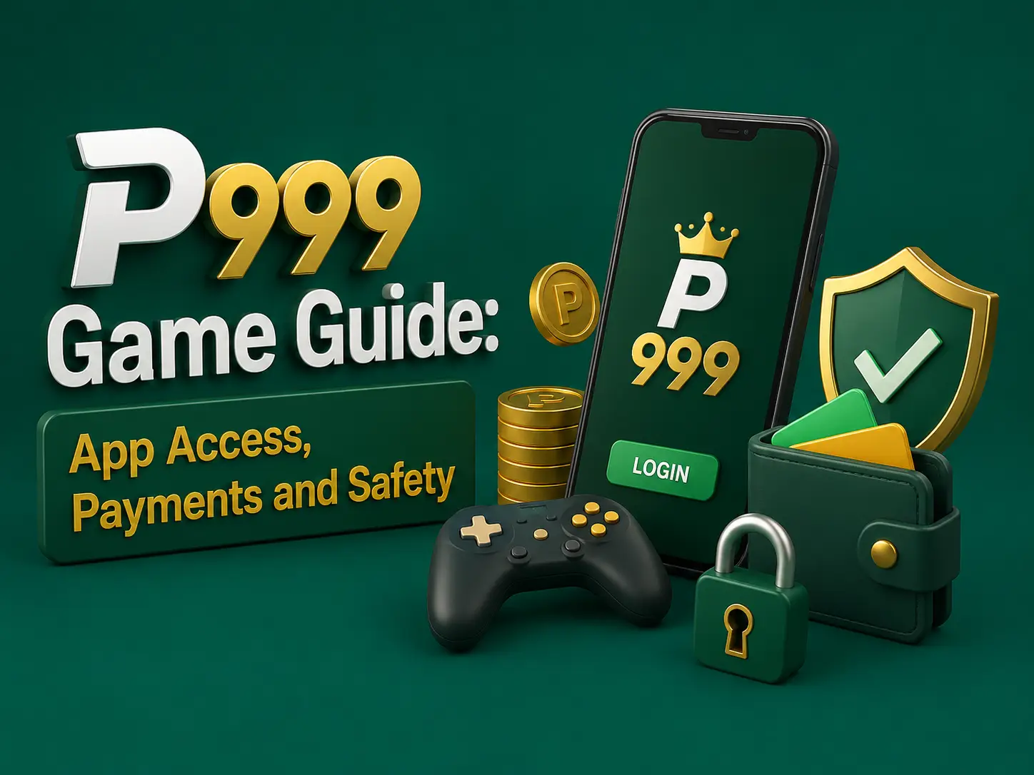 P999 Game Guide P999 Game Guide artwork: a phone running the app beside a gamepad, gold coins, a wallet and a security shield