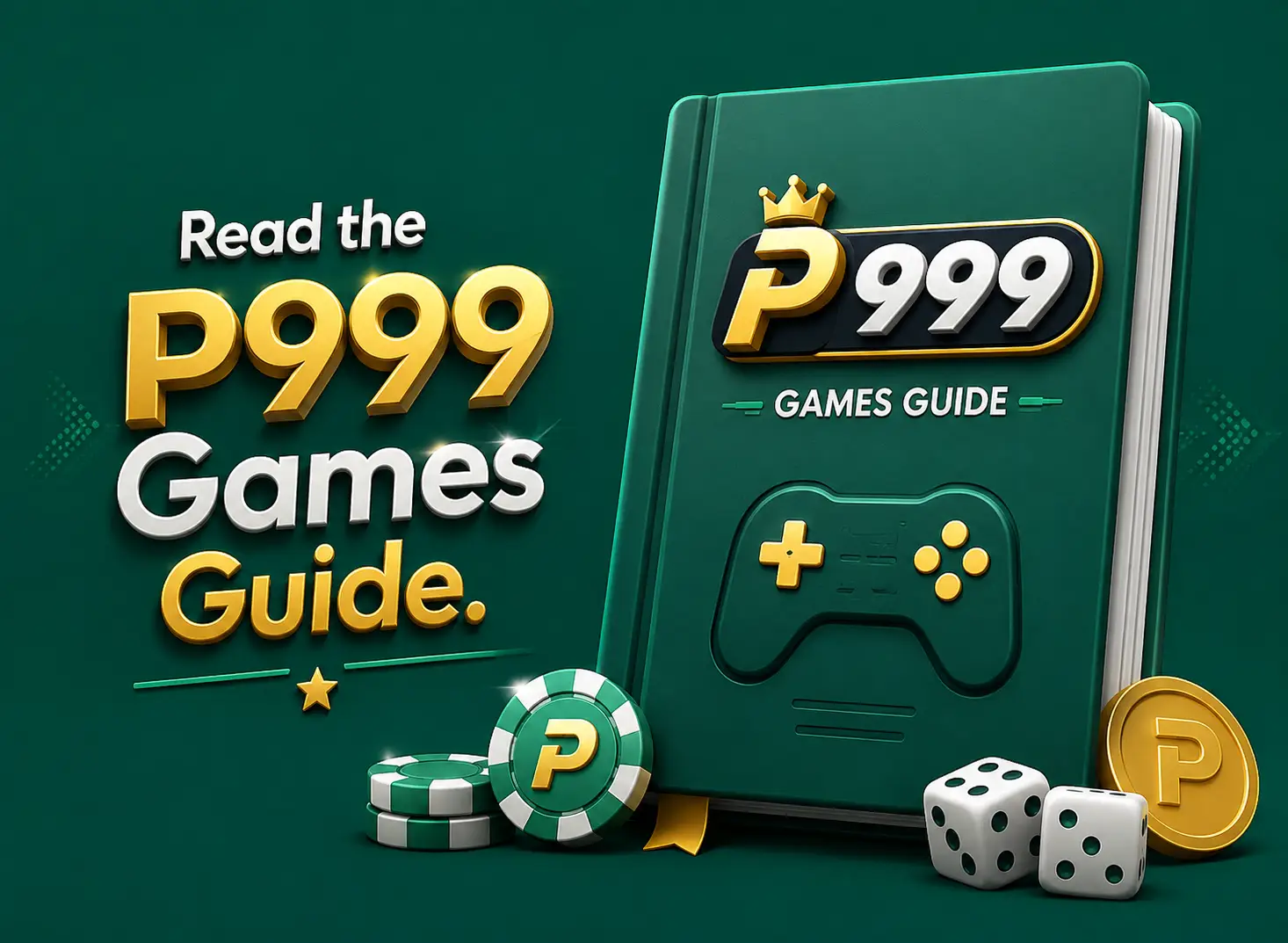 P999 games guide A closed book titled P999 Games Guide beside a gamepad, casino chips and dice