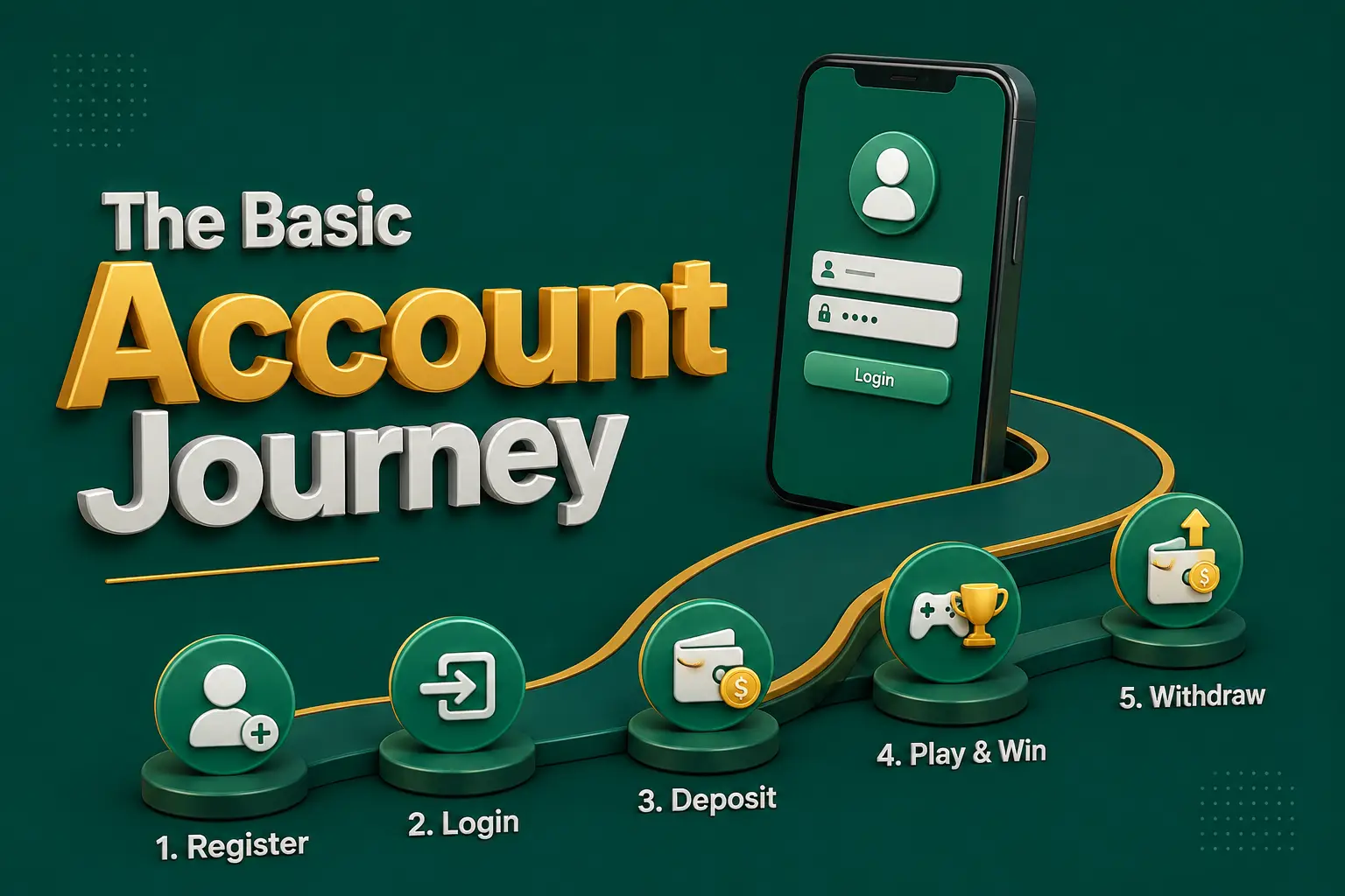 The basic account journey A five-step path from register to login, deposit, play and withdraw, running past a P999 sign-in screen