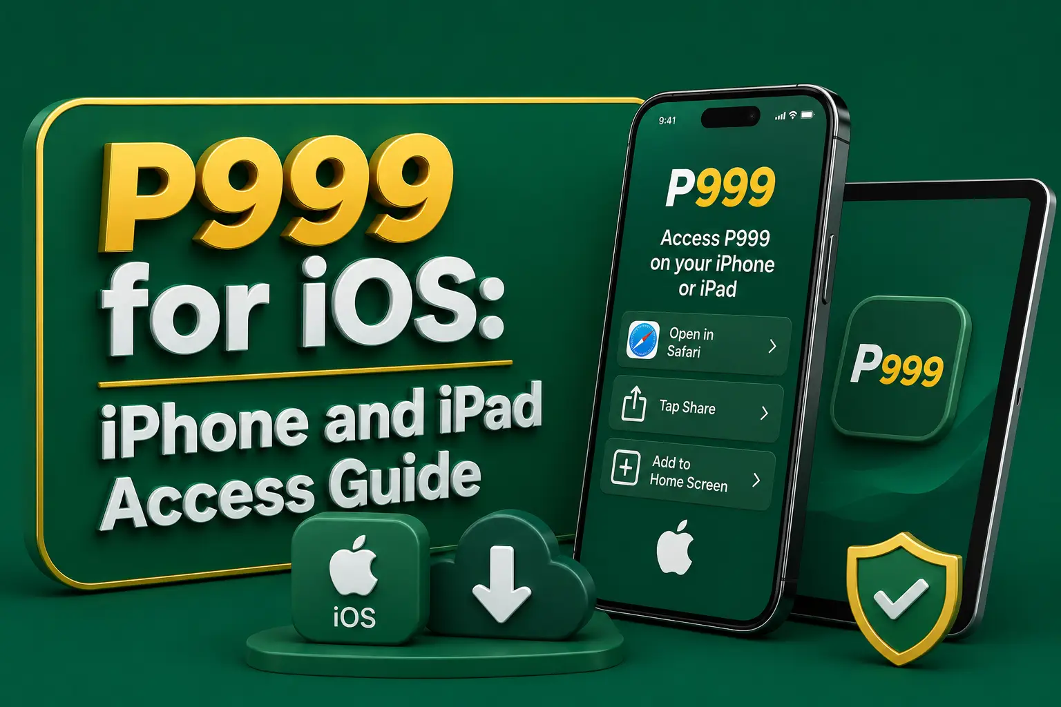 An iPhone and iPad showing P999 open in Safari with an add-to-home-screen option, beside an iOS badge