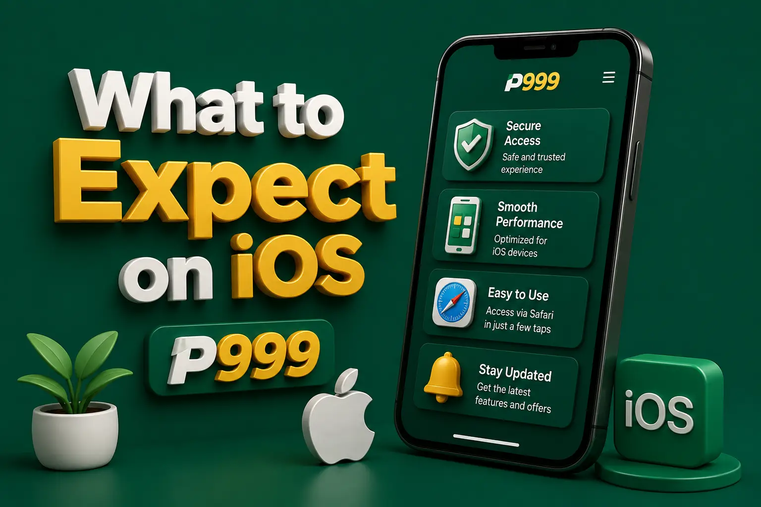 A phone listing secure access, smooth performance, easy Safari use and update notices, beside an Apple logo