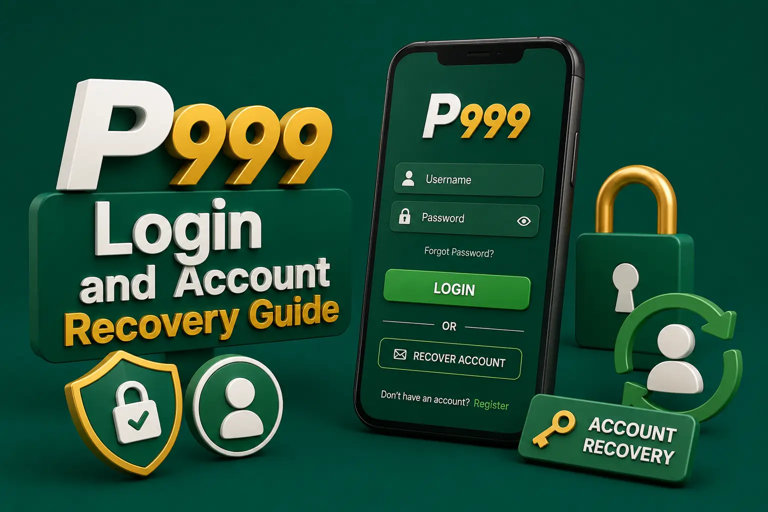 A P999 sign-in form with a recover-account option, beside a padlock and an account-recovery key