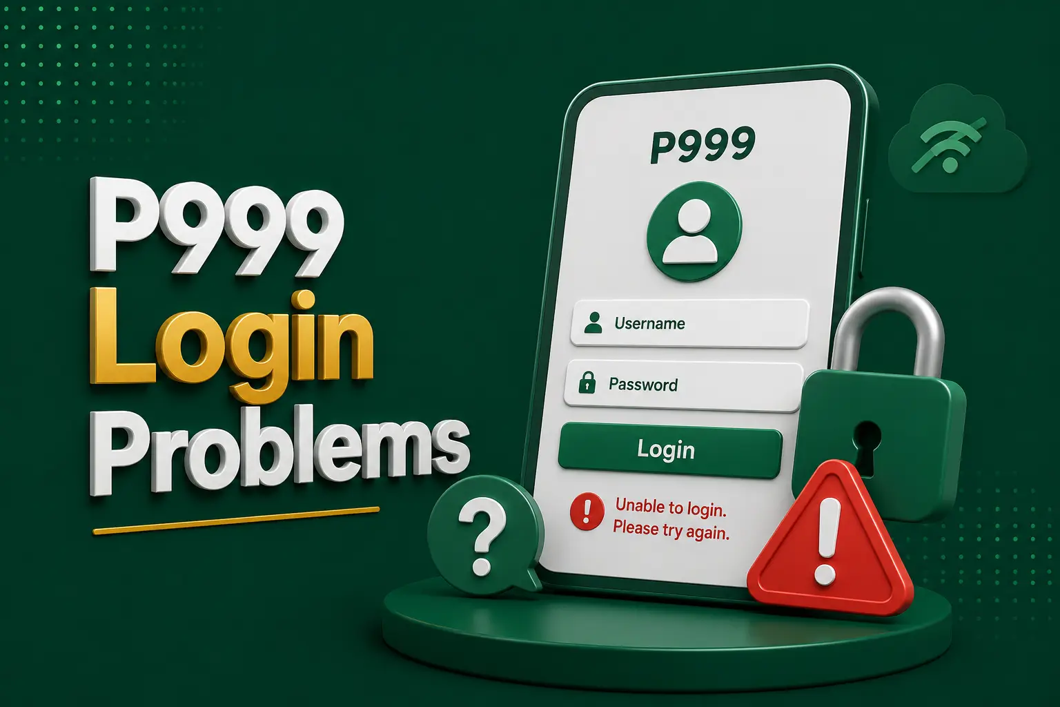 A sign-in screen showing an unable-to-login error, beside a question mark and a red warning triangle