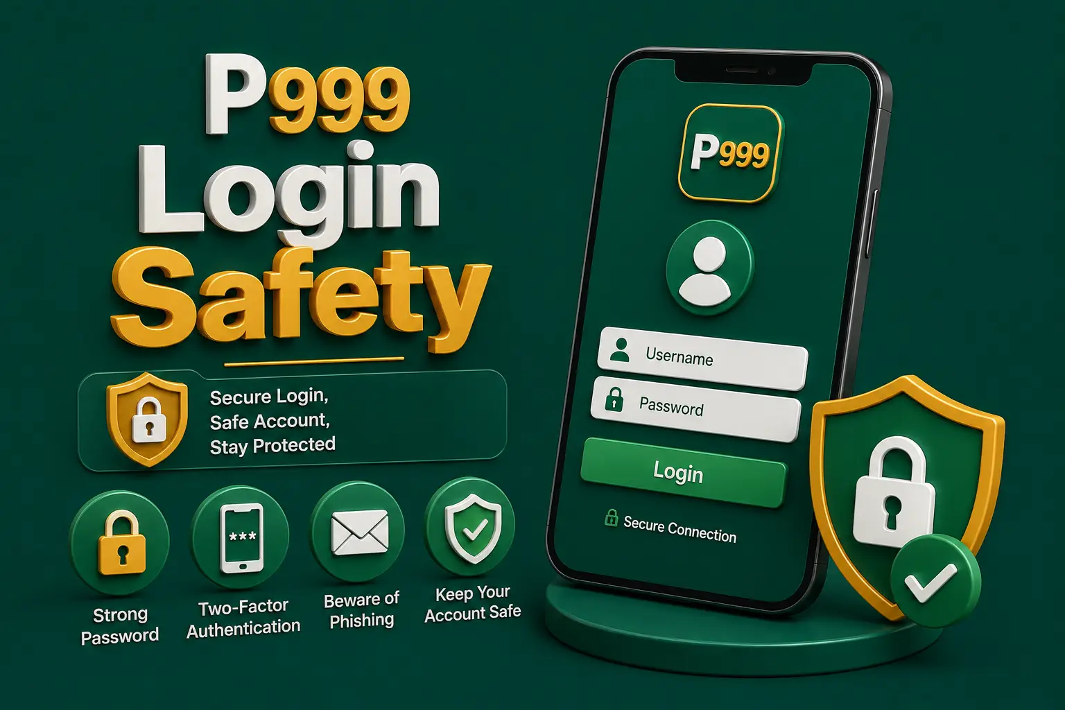 A secure sign-in screen beside four safeguards: a strong password, two-factor authentication, phishing care and more