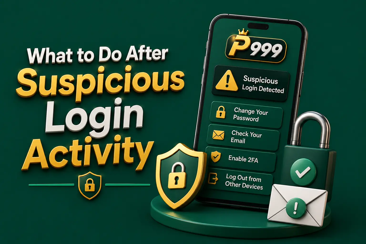 A phone listing four steps: change your password, check your email, enable 2FA and log out from other devices