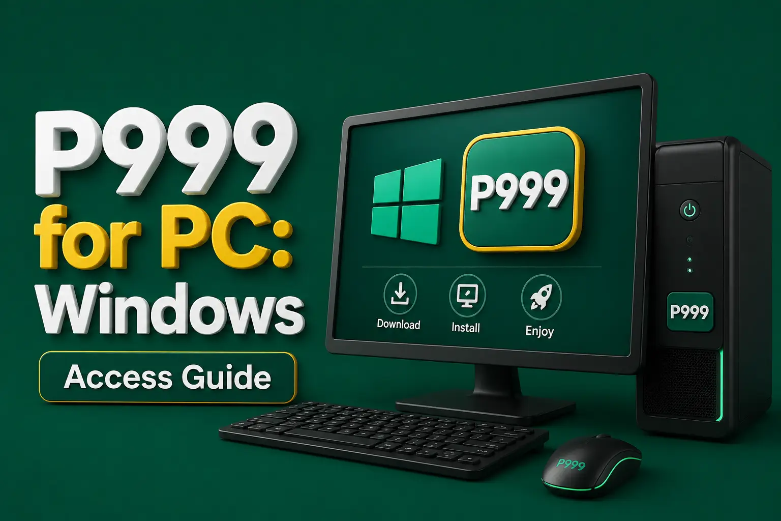 A desktop monitor showing P999 with download, install and play steps, beside a tower, keyboard and mouse