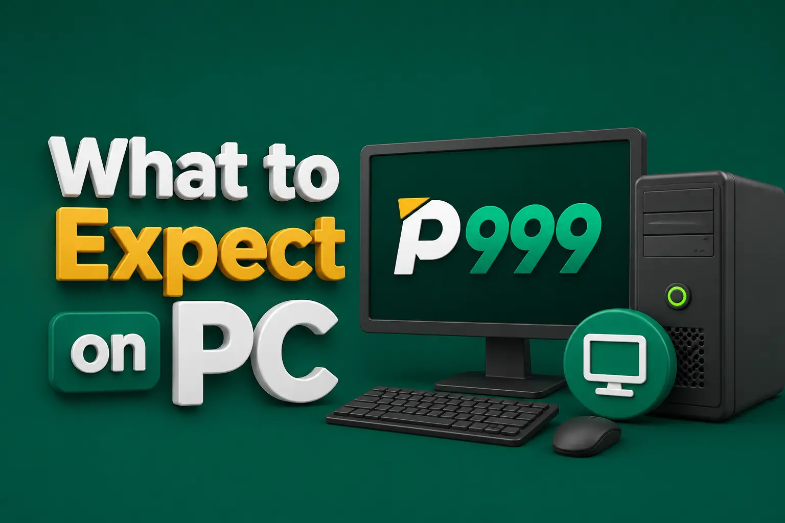 A desktop monitor showing the P999 wordmark beside a tower, keyboard, mouse and a display badge