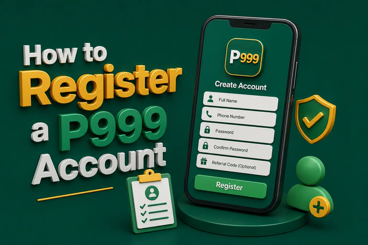 A phone showing the P999 create-account form beside a completed checklist and a verified shield