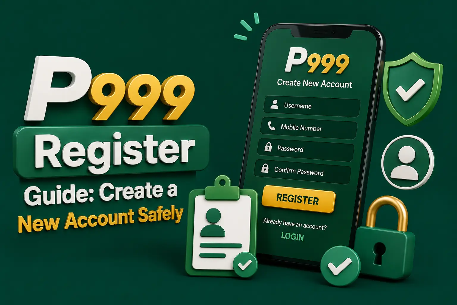 A create-account form asking for username, mobile number and password, beside an ID card and a padlock