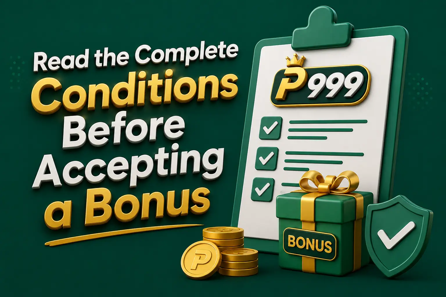 A terms checklist beside a wrapped bonus gift box, gold coins and a verified shield