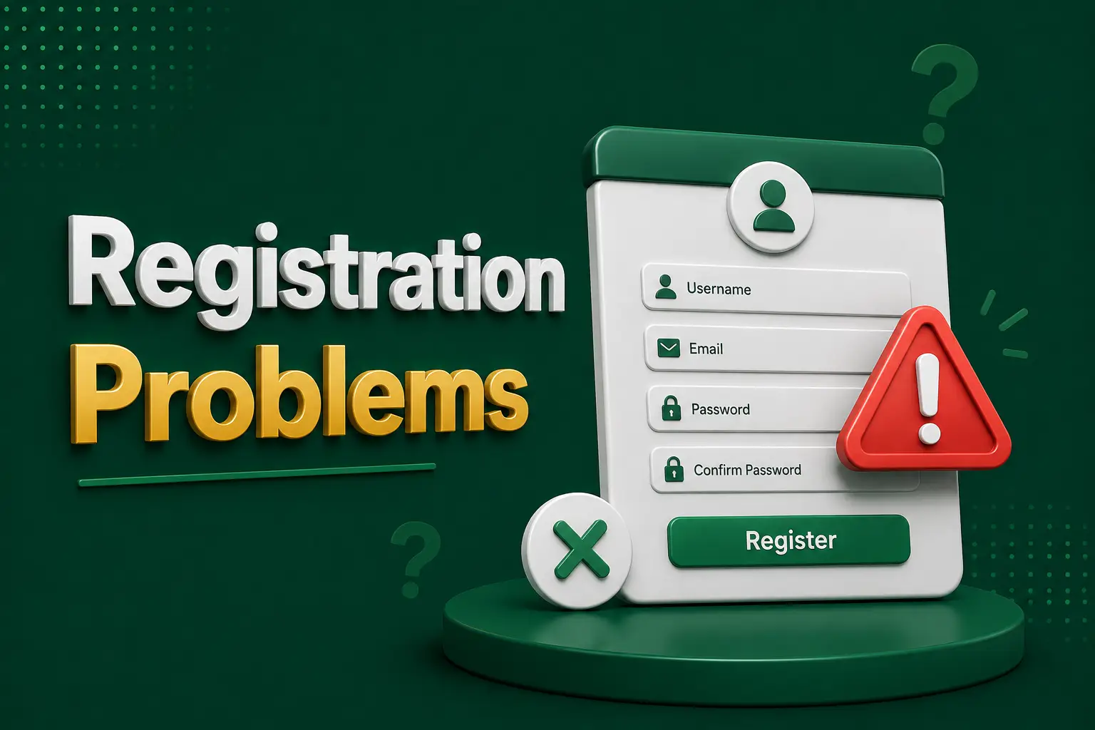 A failed sign-up form marked with a red warning triangle and a cross