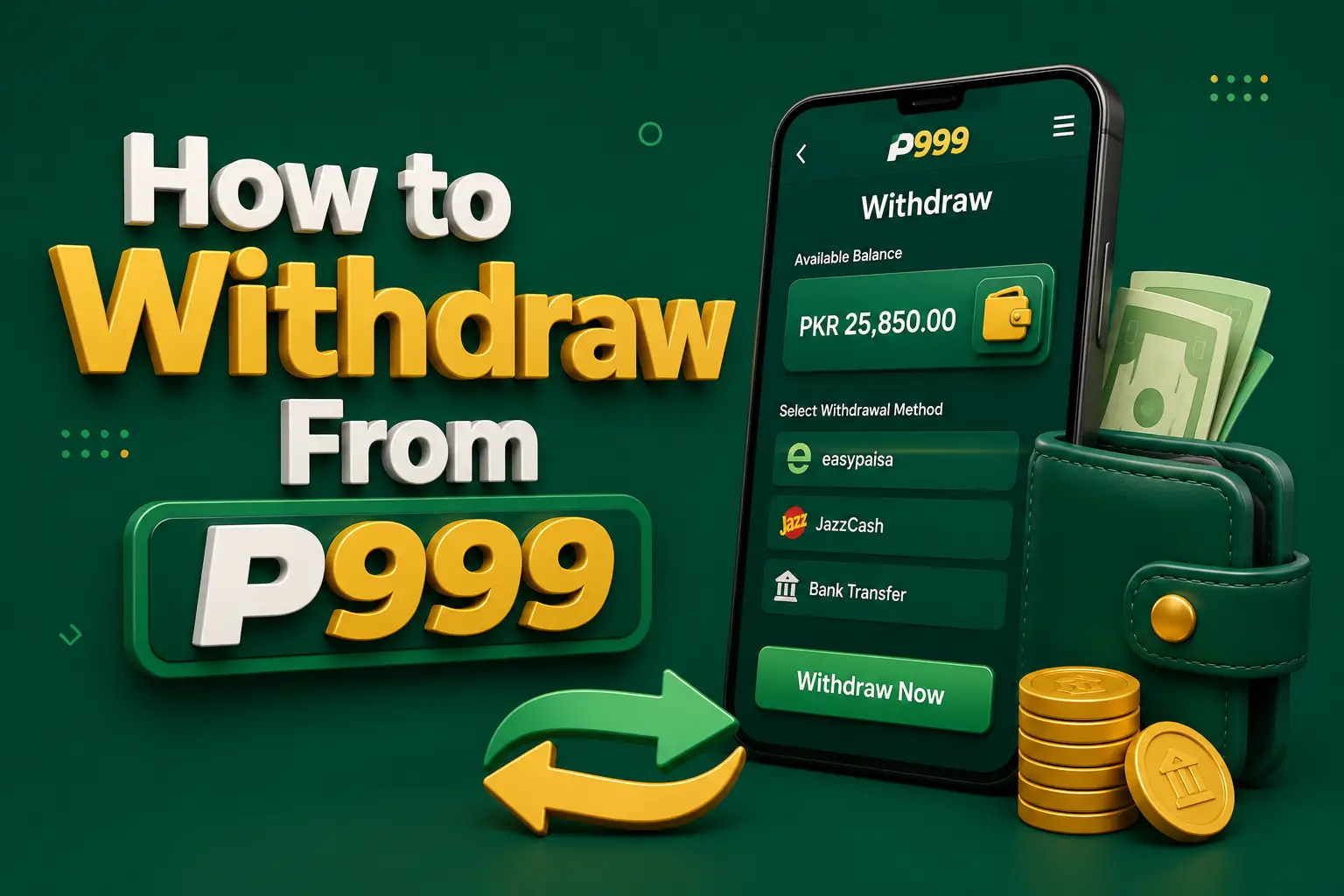 A phone showing an available balance with withdrawal methods and a withdraw button, beside a wallet and gold coins