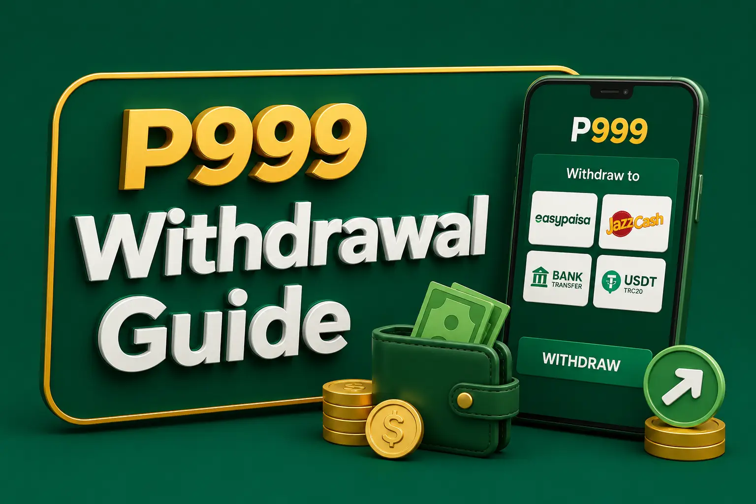 A phone showing withdrawal destinations including Easypaisa, JazzCash, bank transfer and USDT, beside a wallet and coins