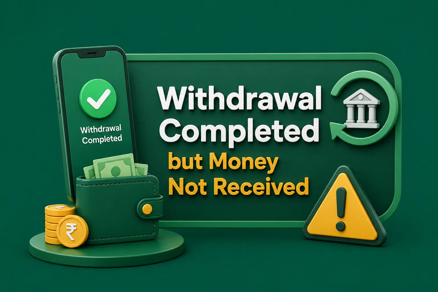 A phone confirming a completed withdrawal beside a wallet of banknotes and an amber warning triangle