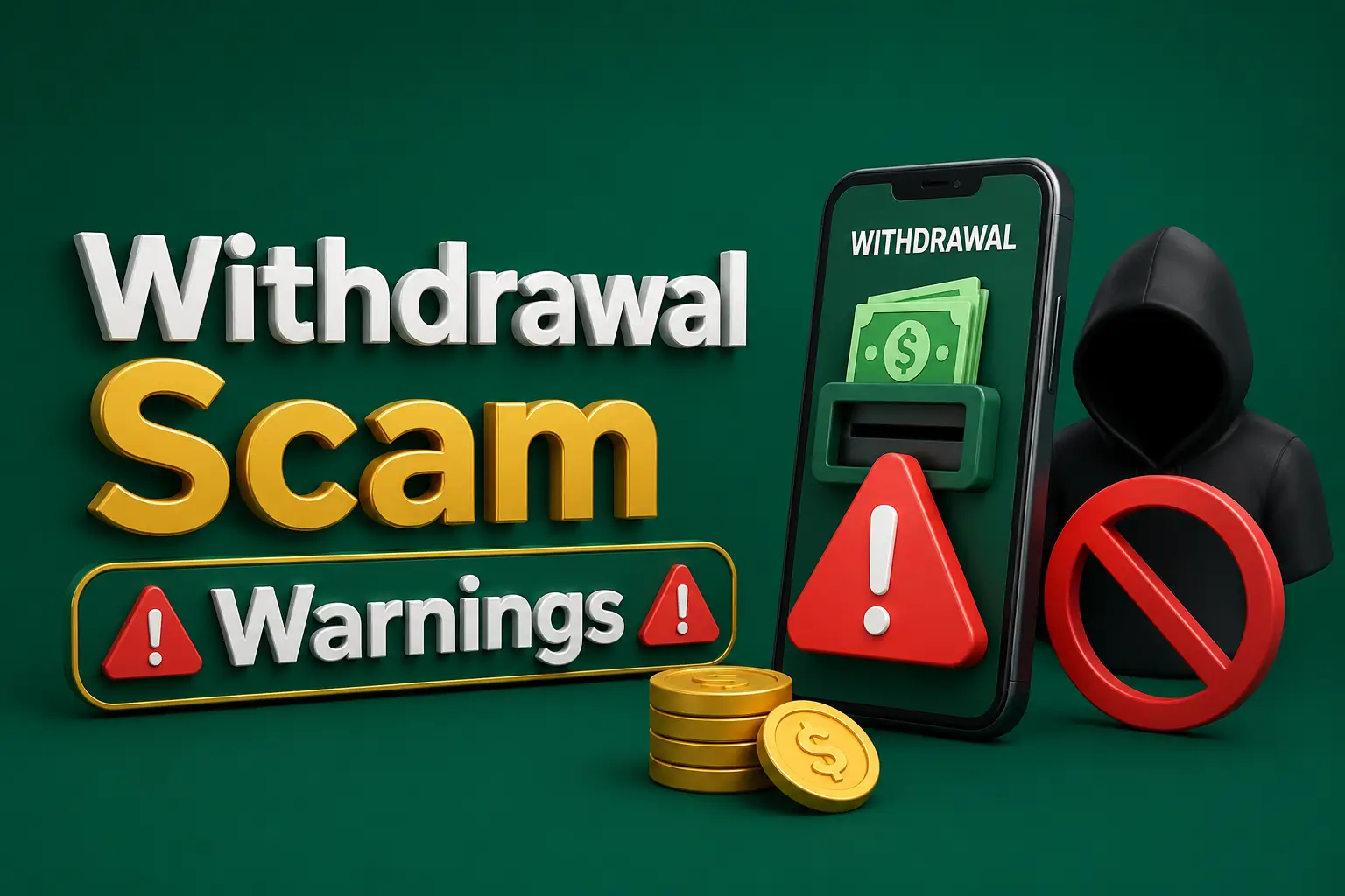 A hooded figure behind a phone dispensing banknotes, marked with a red warning triangle and a prohibition sign